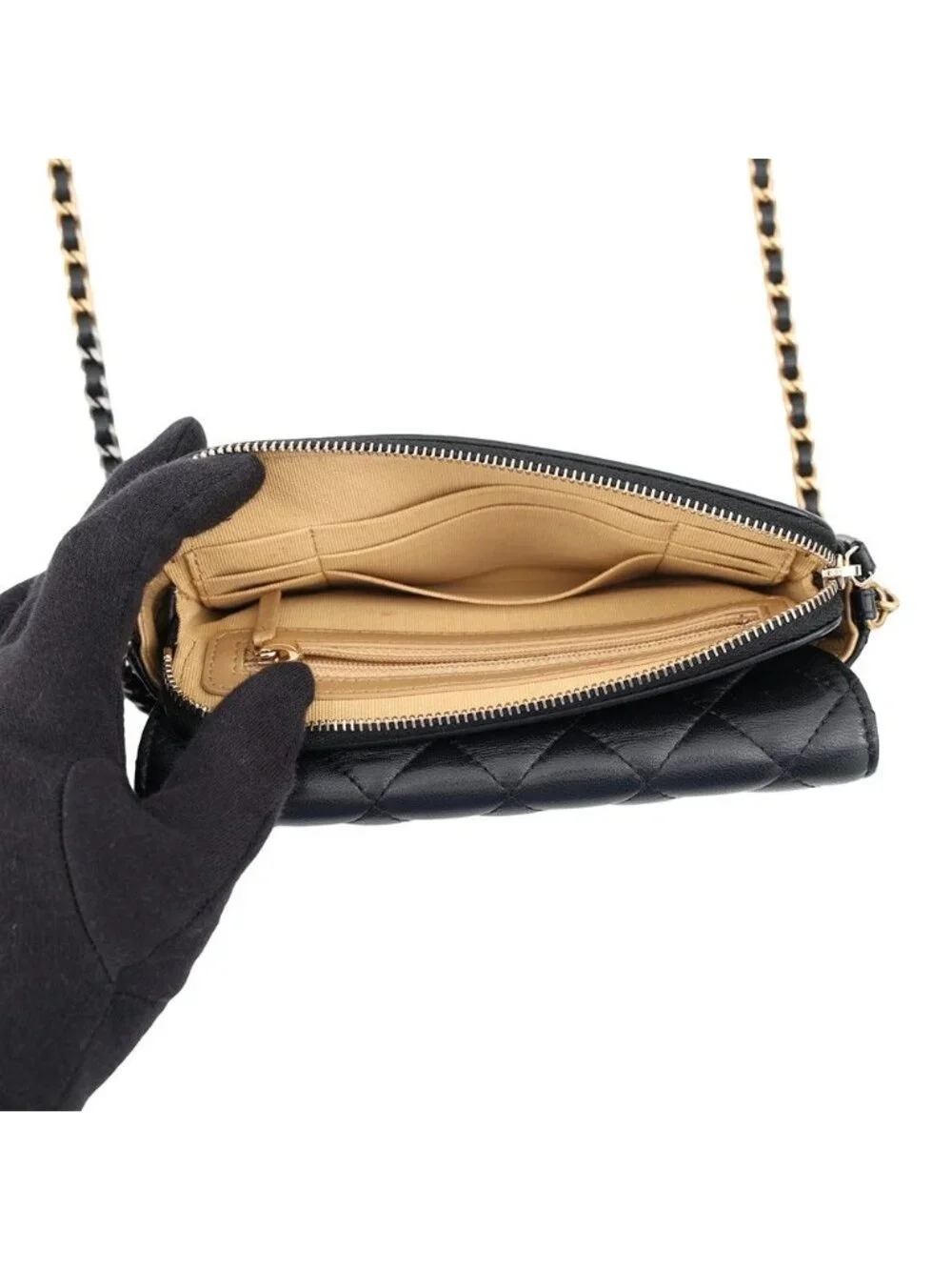 Chanel Chain Wallet Quilted CC Logo Lambskin Pearl Black Shoulder